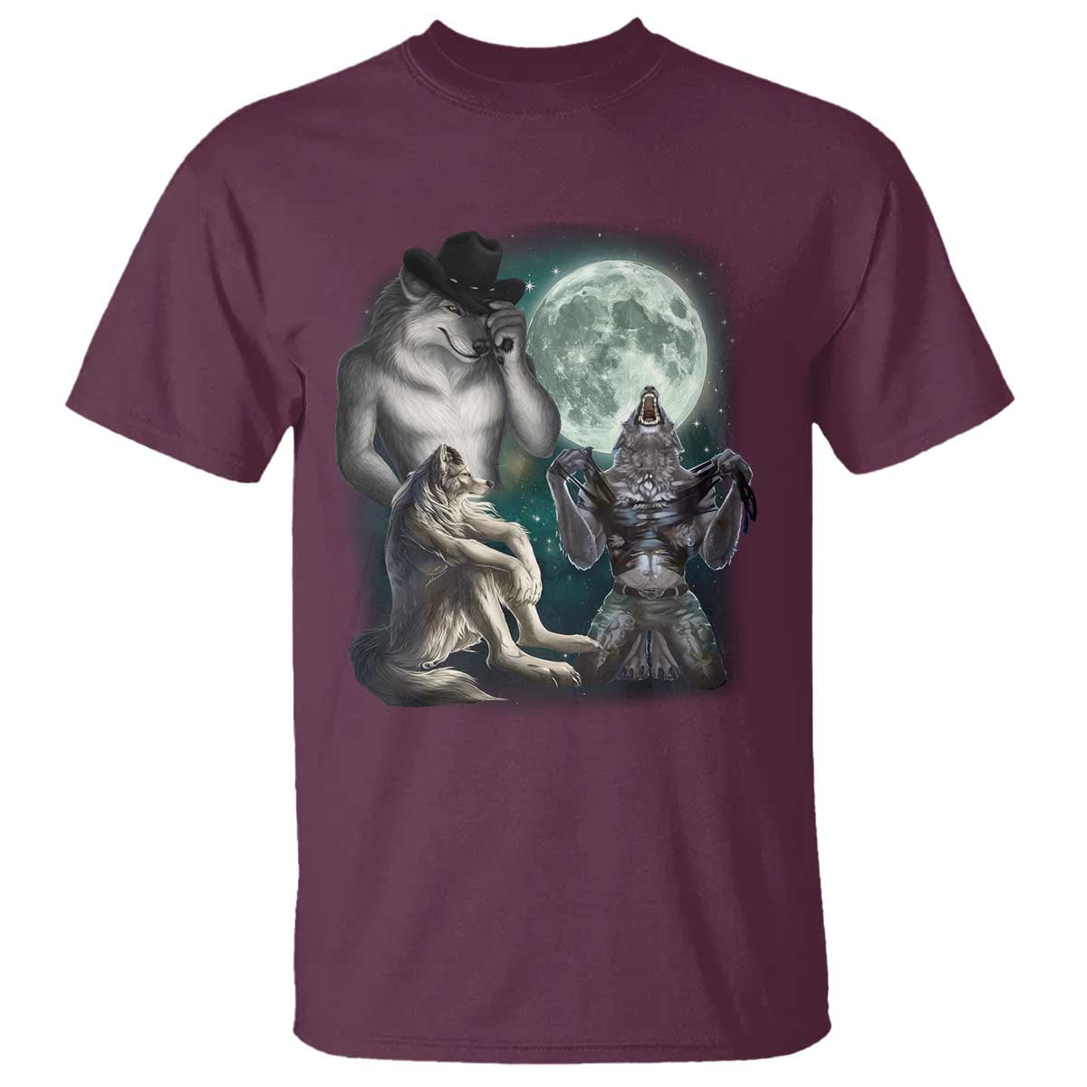 Funny Three Alpha Wolf Howling Moon T Shirt Weird Cringe Werewolf Meme TS11 Maroon Print Your Wear