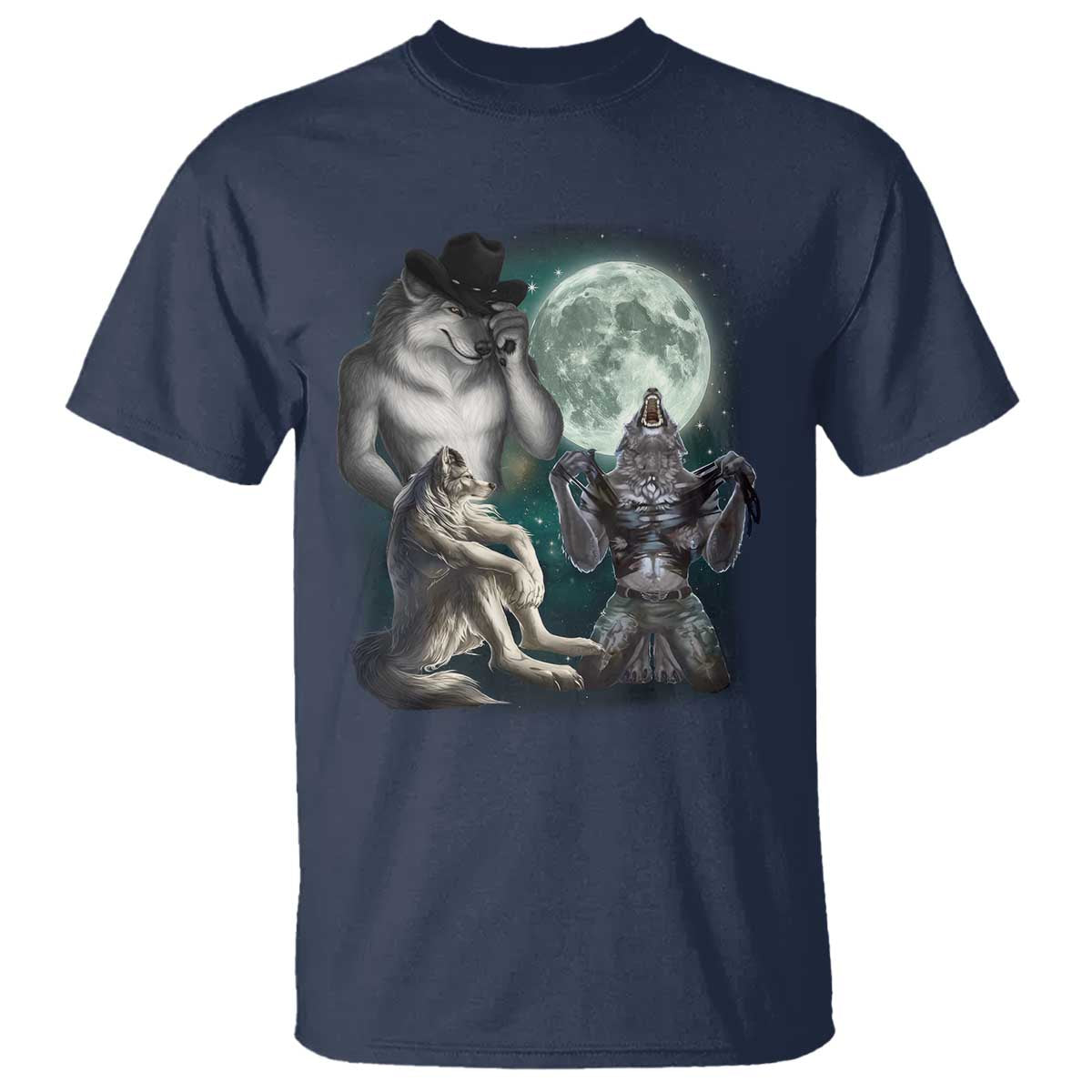 Funny Three Alpha Wolf Howling Moon T Shirt Weird Cringe Werewolf Meme TS11 Navy Print Your Wear