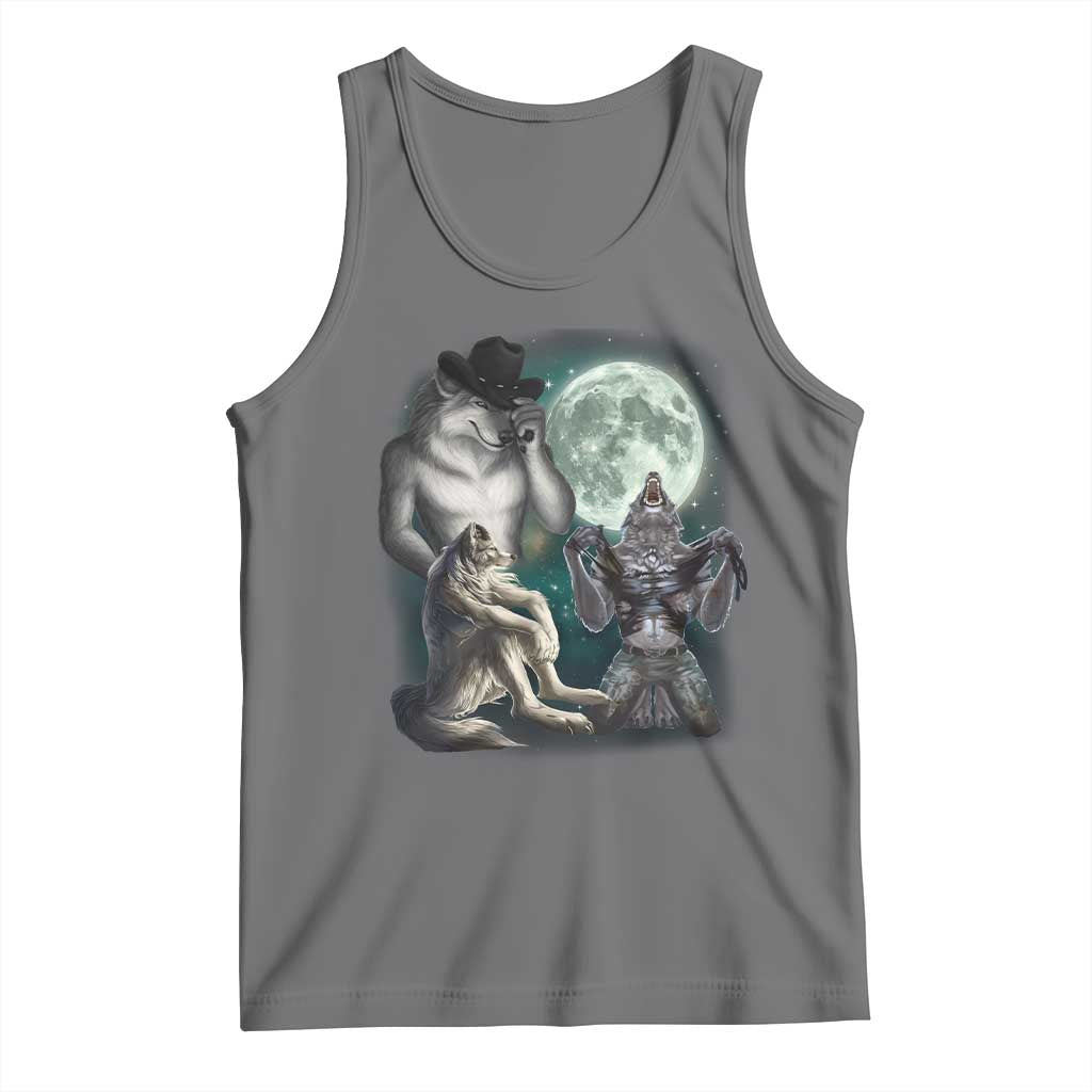 Funny Three Alpha Wolf Howling Moon Tank Top Weird Cringe Werewolf Meme TS11 Black Heather Print Your Wear