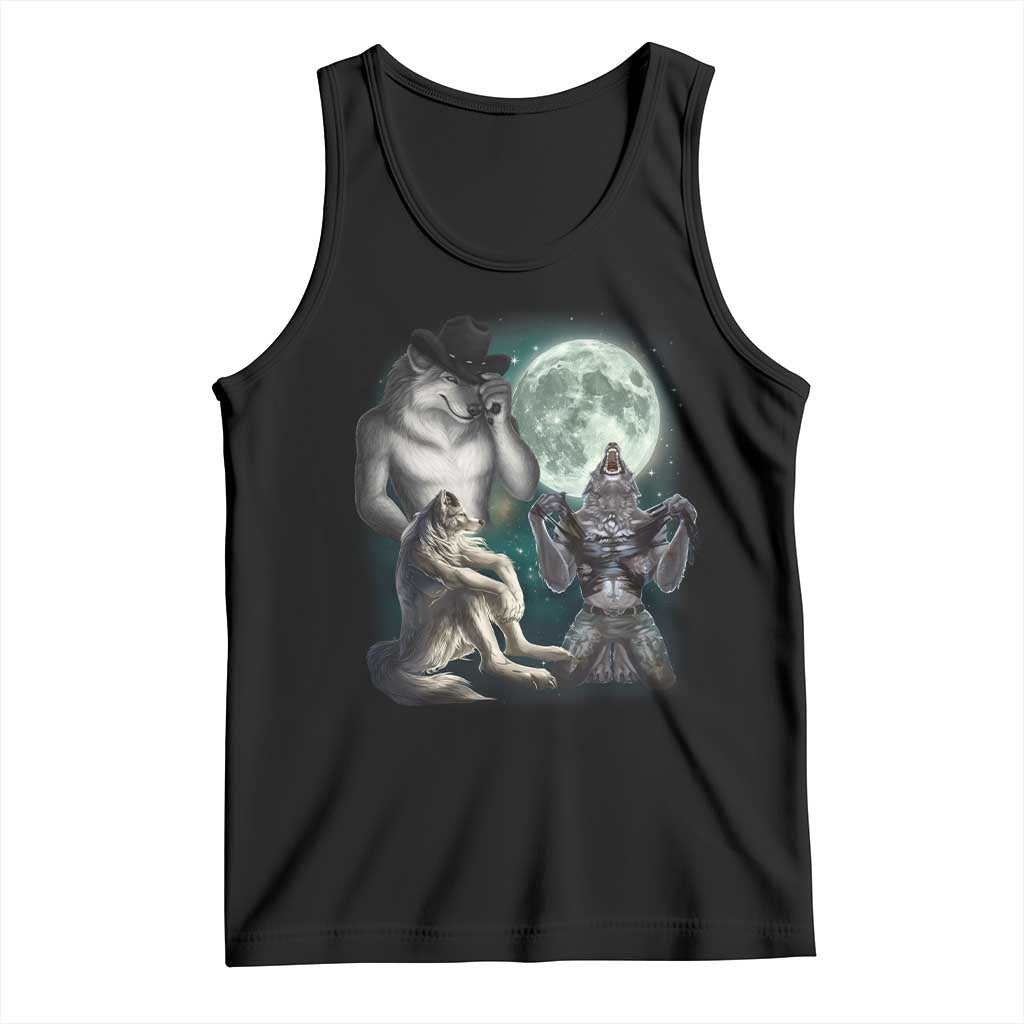 Funny Three Alpha Wolf Howling Moon Tank Top Weird Cringe Werewolf Meme TS11 Black Print Your Wear