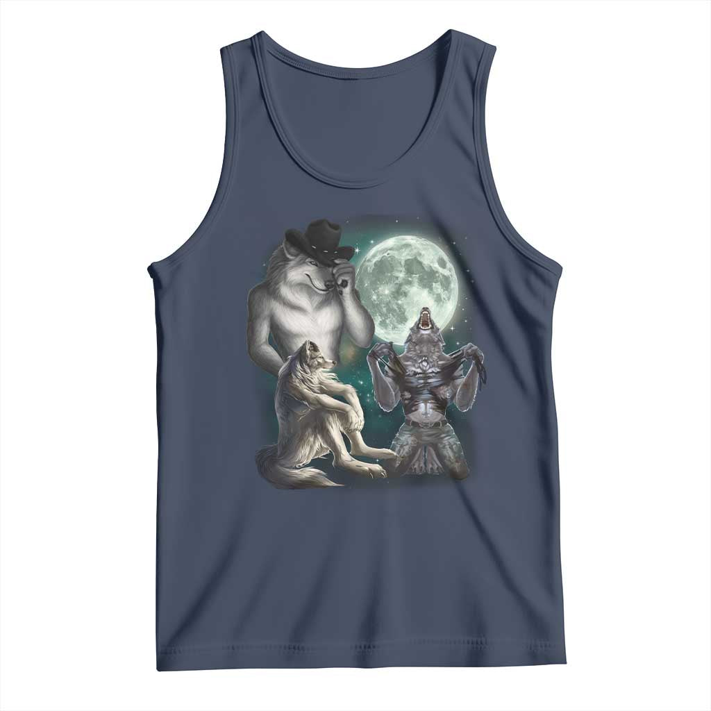 Funny Three Alpha Wolf Howling Moon Tank Top Weird Cringe Werewolf Meme TS11 Navy Print Your Wear
