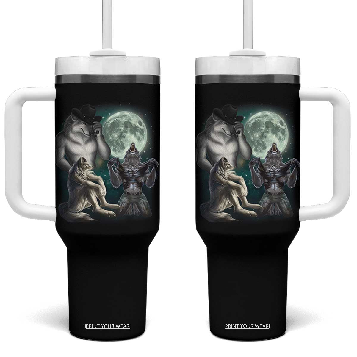 Funny Three Alpha Wolf Howling Moon Tumbler With Handle Weird Cringe Werewolf Meme TS11 One Size: 40 oz Black Print Your Wear