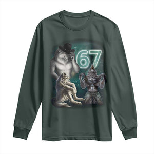 Funny 67 Alpha Wolf Long Sleeve Shirt Cringe Werewolf Howling Six Seven Meme TS11 Dark Forest Green Print Your Wear