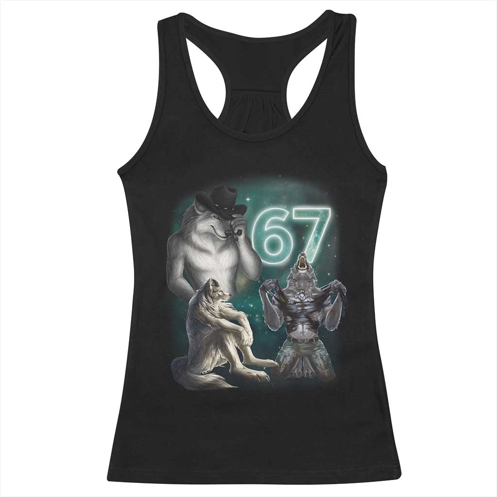 Funny 67 Alpha Wolf Racerback Tank Top Cringe Werewolf Howling Six Seven Meme TS11 Black Print Your Wear