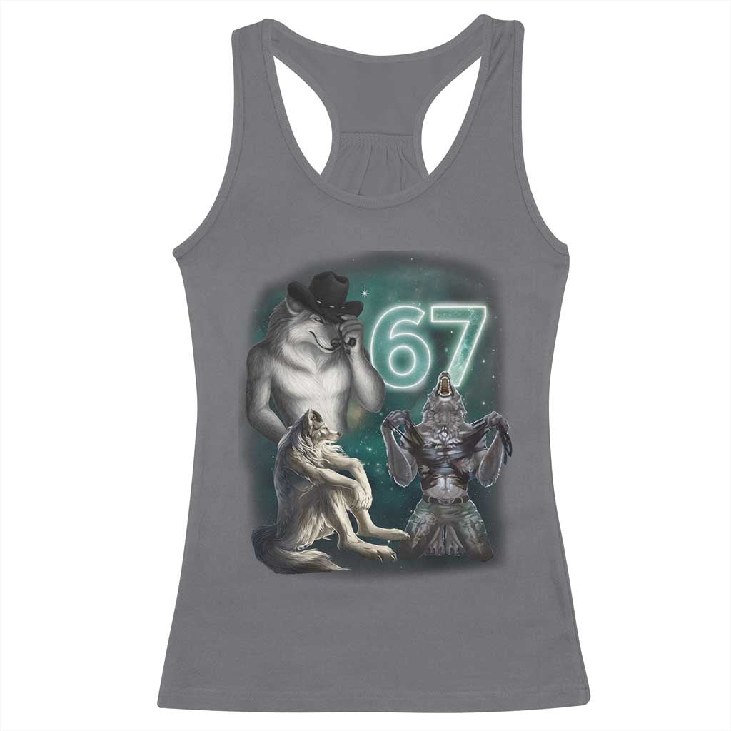 Funny 67 Alpha Wolf Racerback Tank Top Cringe Werewolf Howling Six Seven Meme TS11 Charcoal Print Your Wear