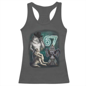 Funny 67 Alpha Wolf Racerback Tank Top Cringe Werewolf Howling Six Seven Meme TS11 Dark Heather Print Your Wear