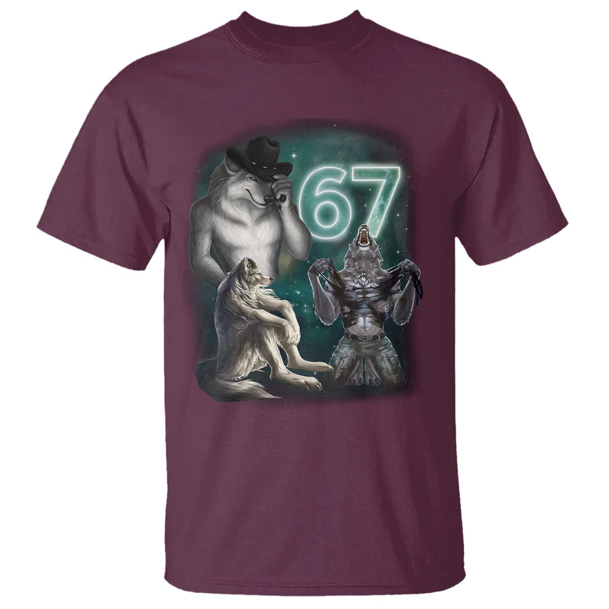 Funny 67 Alpha Wolf T Shirt Cringe Werewolf Howling Six Seven Meme TS11 Maroon Print Your Wear