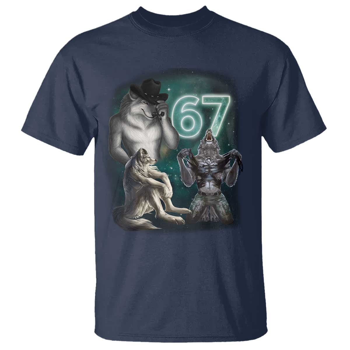Funny 67 Alpha Wolf T Shirt Cringe Werewolf Howling Six Seven Meme TS11 Navy Print Your Wear