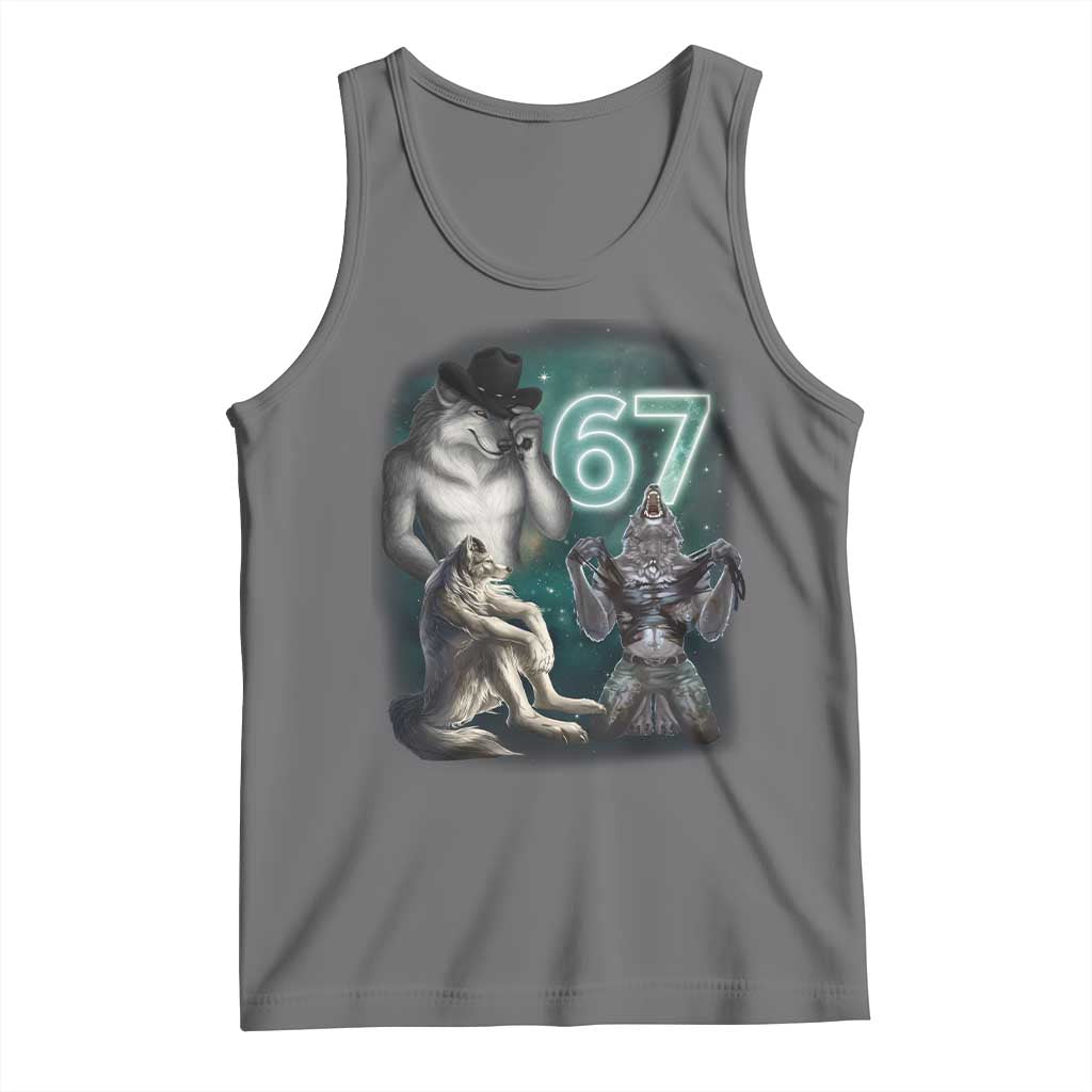 Funny 67 Alpha Wolf Tank Top Cringe Werewolf Howling Six Seven Meme TS11 Black Heather Print Your Wear