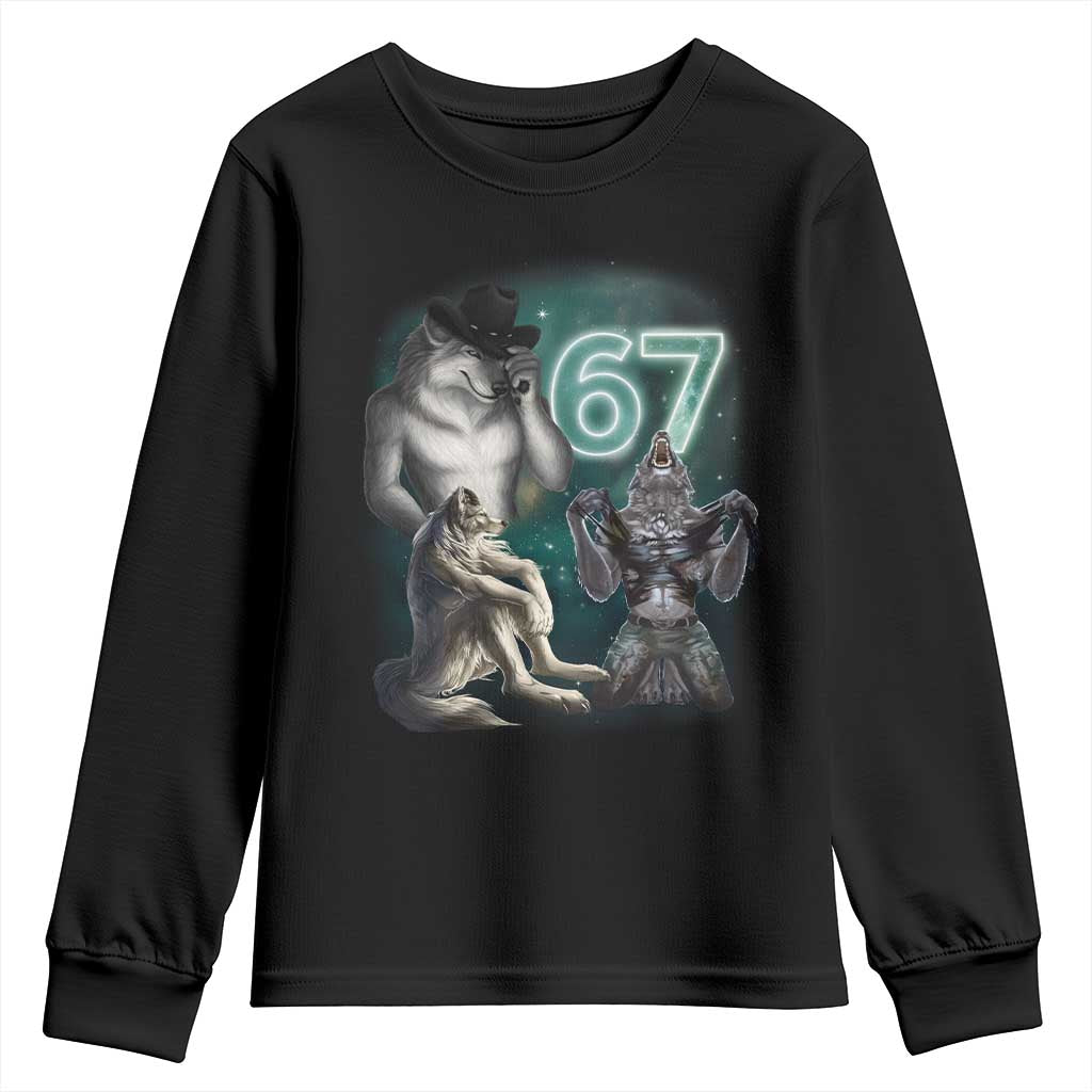 Funny 67 Alpha Wolf Youth Sweatshirt Cringe Werewolf Howling Six Seven Meme TS11 Black Print Your Wear