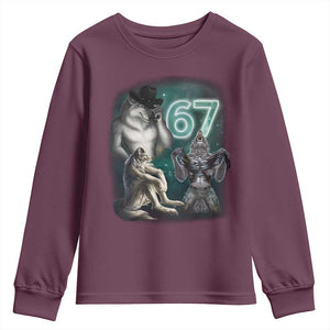 Funny 67 Alpha Wolf Youth Sweatshirt Cringe Werewolf Howling Six Seven Meme TS11 Maroon Print Your Wear