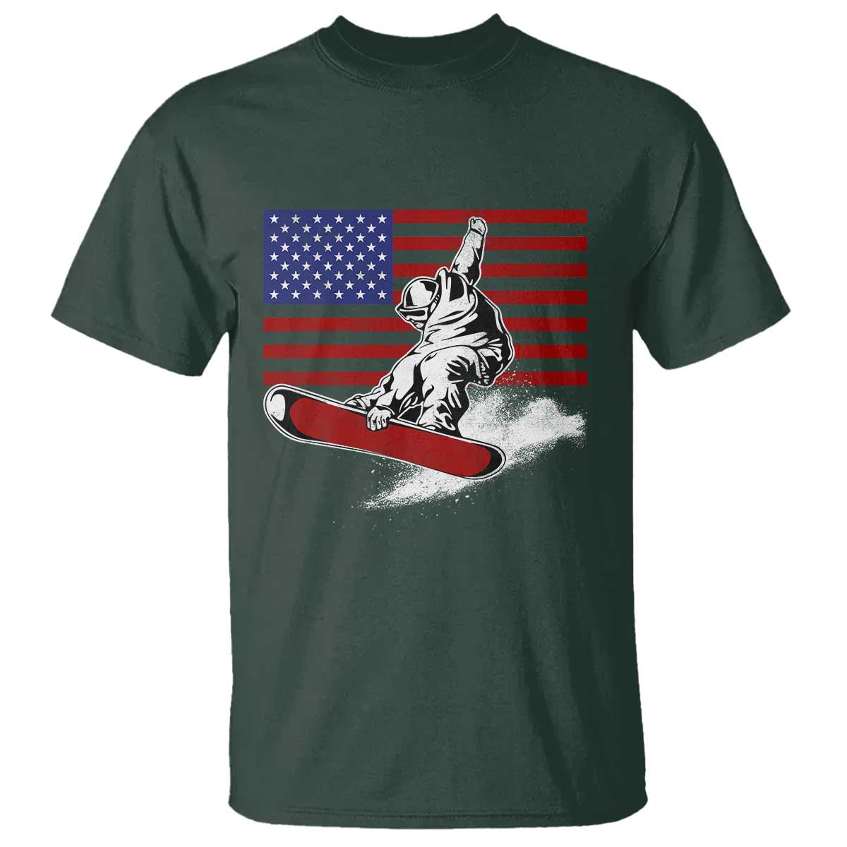 Funny Snowboarding Lover American Flag Winter Sport T Shirt TS11 Dark Forest Green Print Your Wear