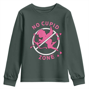 Funny Anti Valentine's Day Youth Sweatshirt No Cupid Zone TS11 Dark Forest Green Print Your Wear