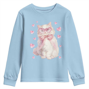 Funny Valentine's Day Cute Heart Cat Youth Sweatshirt TS11 Light Blue Print Your Wear