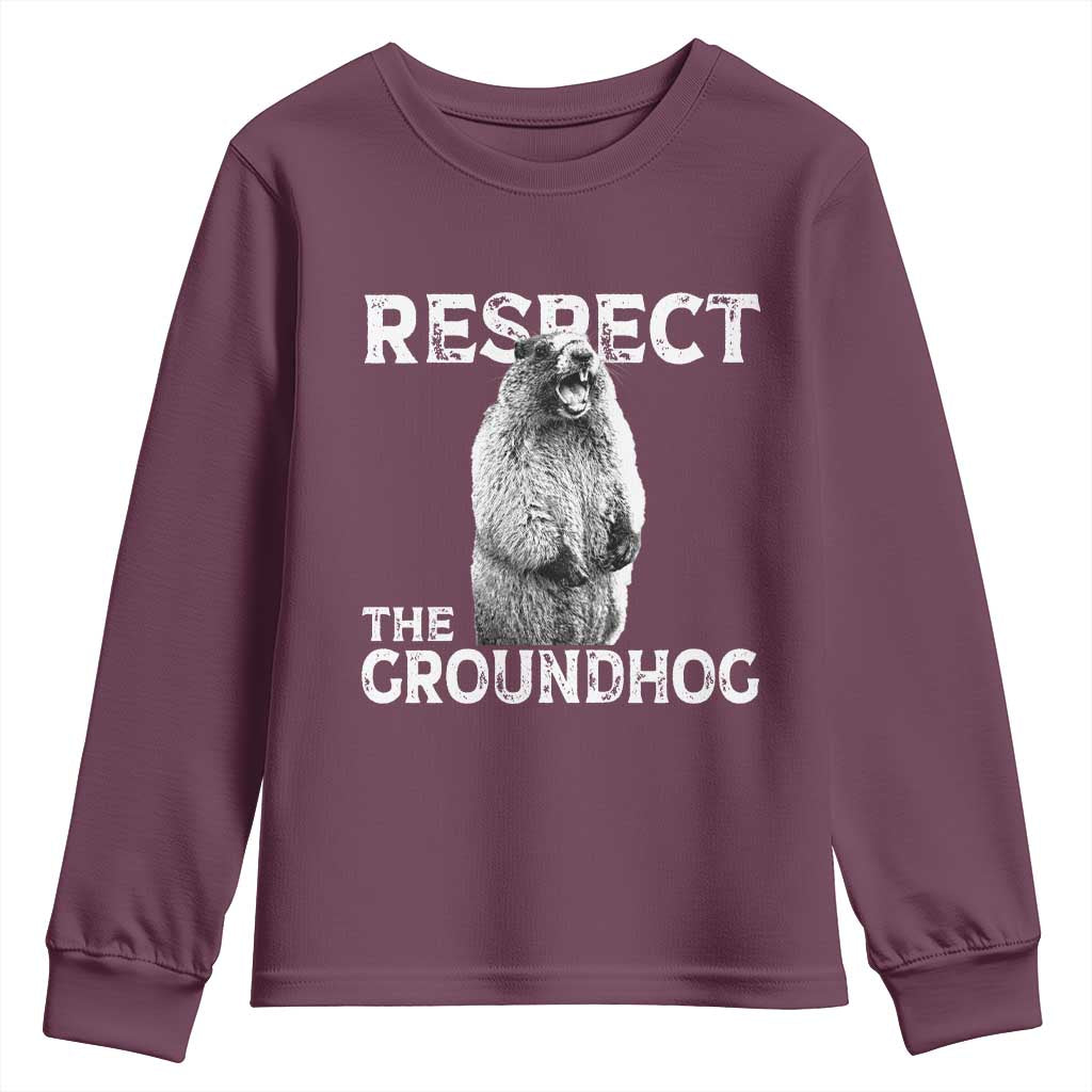 Funny Respect The Groundhog Youth Sweatshirt Screaming Woodchuck Meme Groundhog Day TS11 Maroon Print Your Wear
