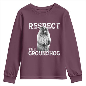 Funny Respect The Groundhog Youth Sweatshirt Screaming Woodchuck Meme Groundhog Day TS11 Maroon Print Your Wear
