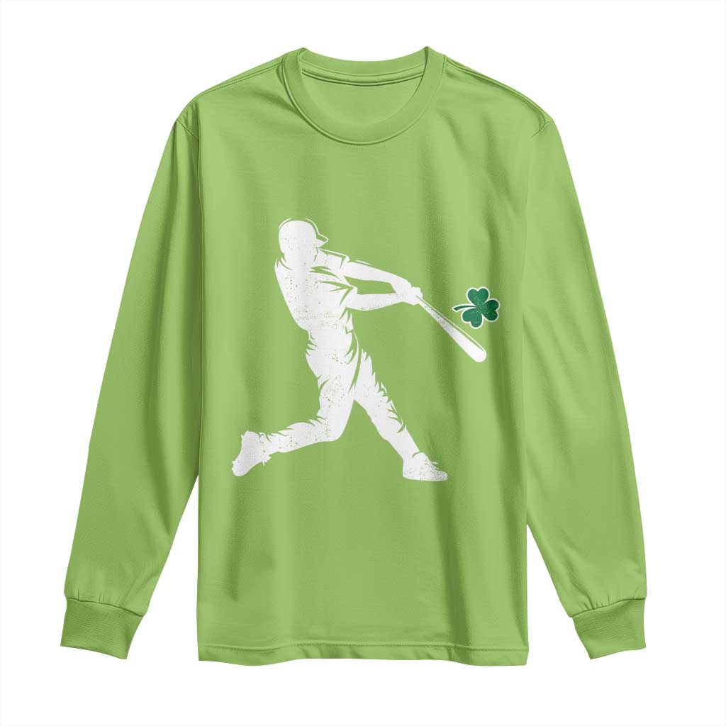 St Patricks Day Baseball Batter Silhouette Shamrock Long Sleeve Shirt TS11 Lime Print Your Wear