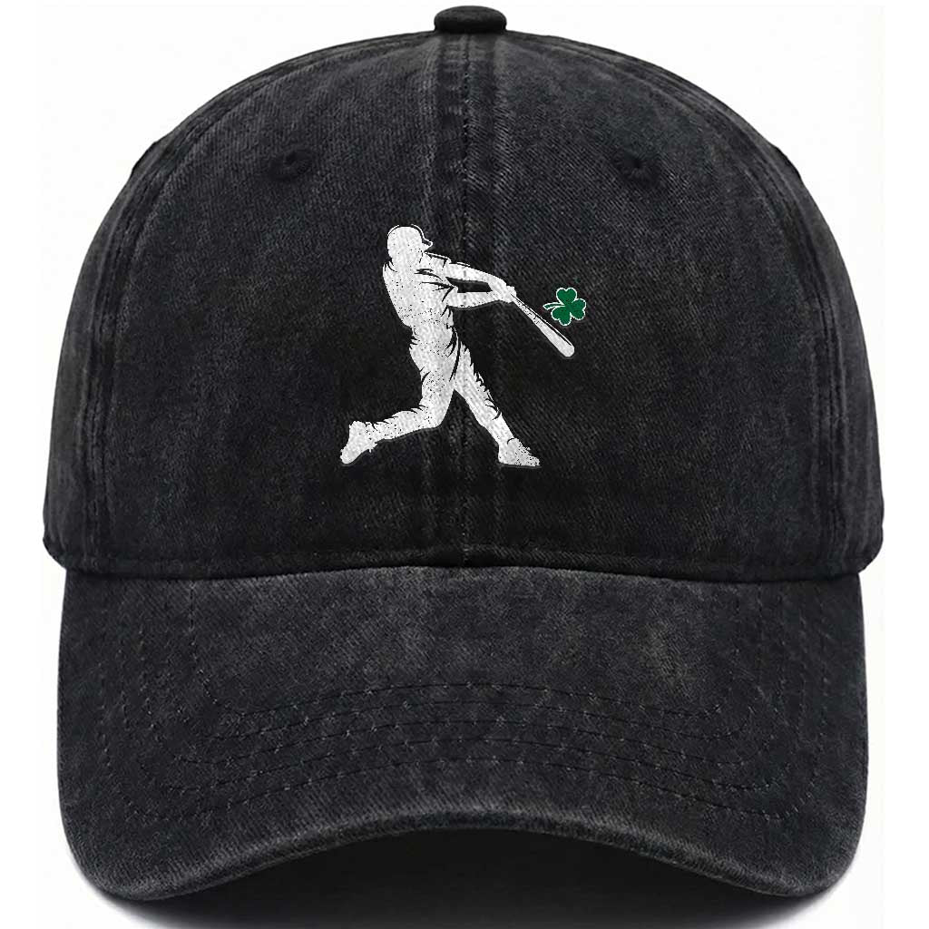 St Patricks Day Baseball Batter Silhouette Shamrock Washed Cotton Baseball Cap TS11 Washed Cap Universal Fit Black Print Your Wear