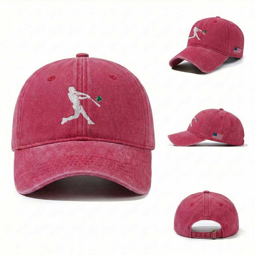 St Patricks Day Baseball Batter Silhouette Shamrock Washed Cotton Baseball Cap TS11 Washed Cap Universal Fit Red Print Your Wear