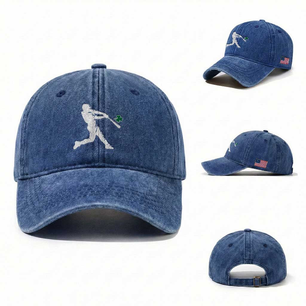 St Patricks Day Baseball Batter Silhouette Shamrock Washed Cotton Baseball Cap TS11 Washed Cap Universal Fit Royal Blue Print Your Wear