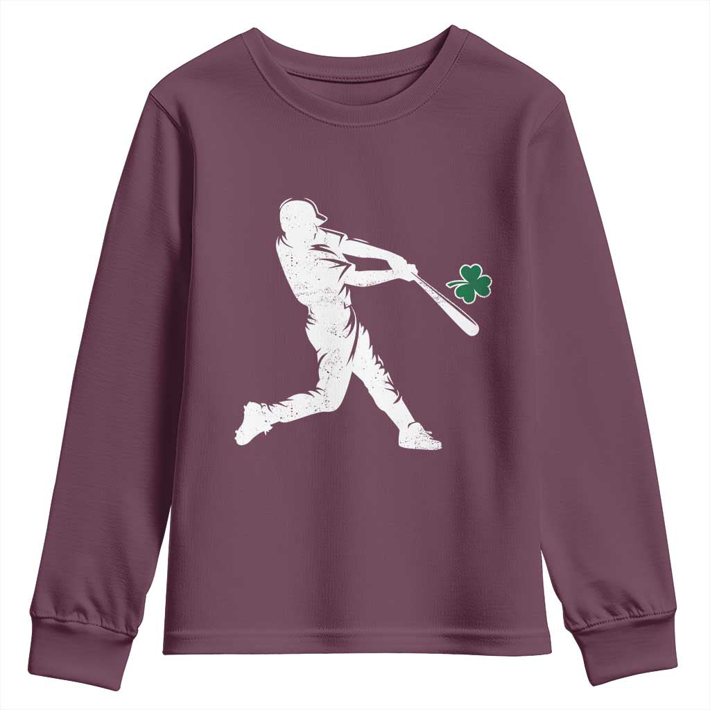 St Patricks Day Baseball Batter Silhouette Shamrock Youth Sweatshirt TS11 Maroon Print Your Wear