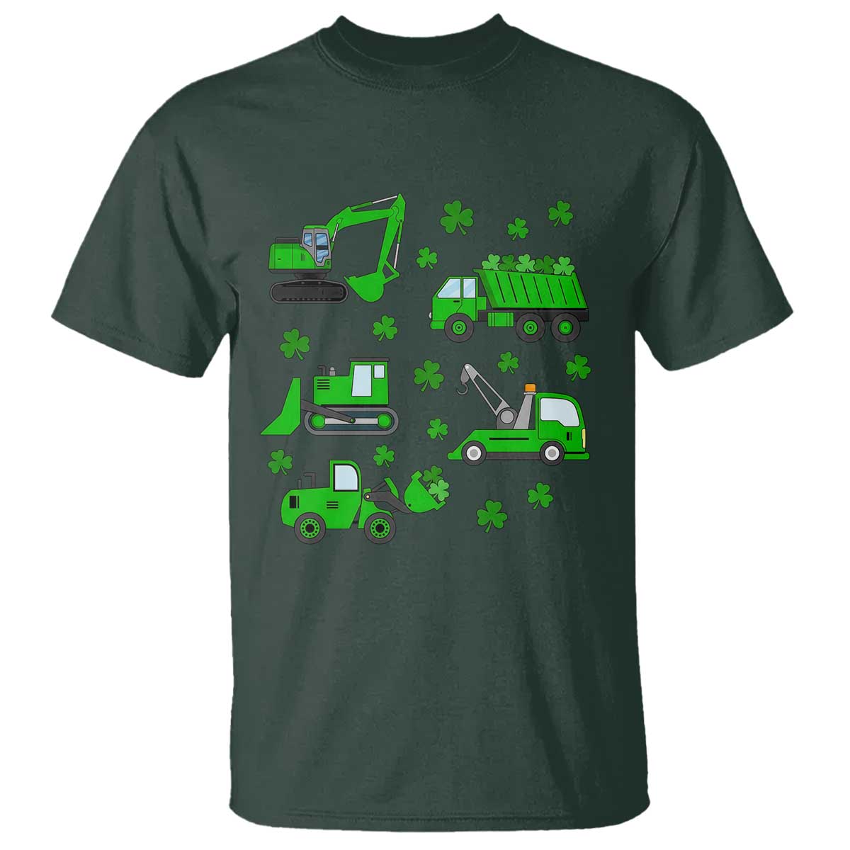 Funny St Patricks Day Construction Trucks Irish Shamrock T Shirt TS11 Dark Forest Green Print Your Wear