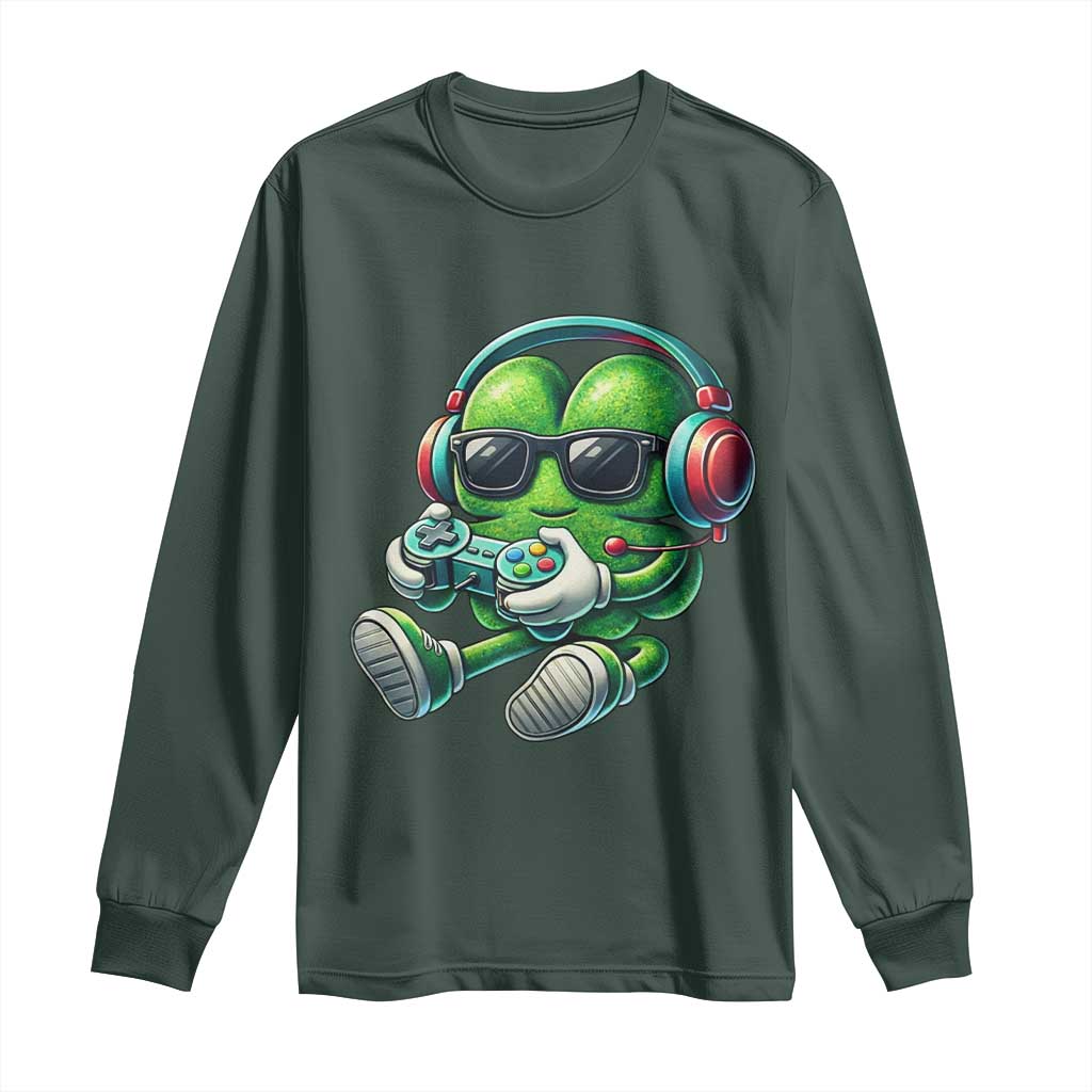 Funny Video Game Shamrock St Patricks Day Gamer Long Sleeve Shirt TS11 Dark Forest Green Print Your Wear