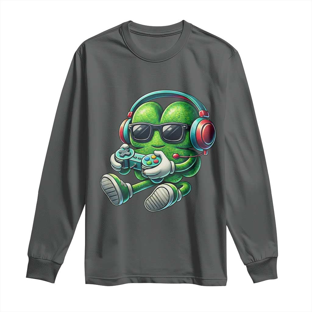 Funny Video Game Shamrock St Patricks Day Gamer Long Sleeve Shirt TS11 Dark Heather Print Your Wear