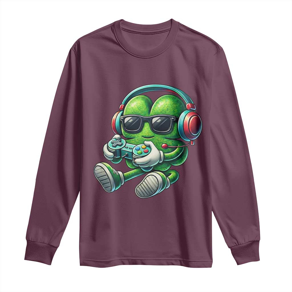 Funny Video Game Shamrock St Patricks Day Gamer Long Sleeve Shirt TS11 Maroon Print Your Wear