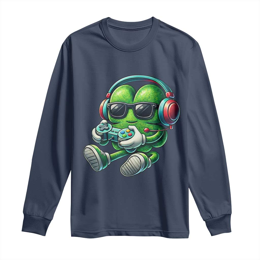Funny Video Game Shamrock St Patricks Day Gamer Long Sleeve Shirt TS11 Navy Print Your Wear