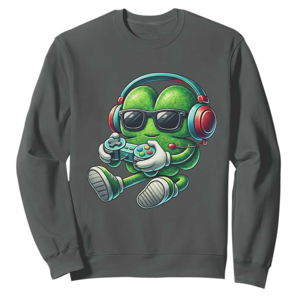 Funny Video Game Shamrock St Patricks Day Gamer Sweatshirt TS11 Dark Heather Print Your Wear