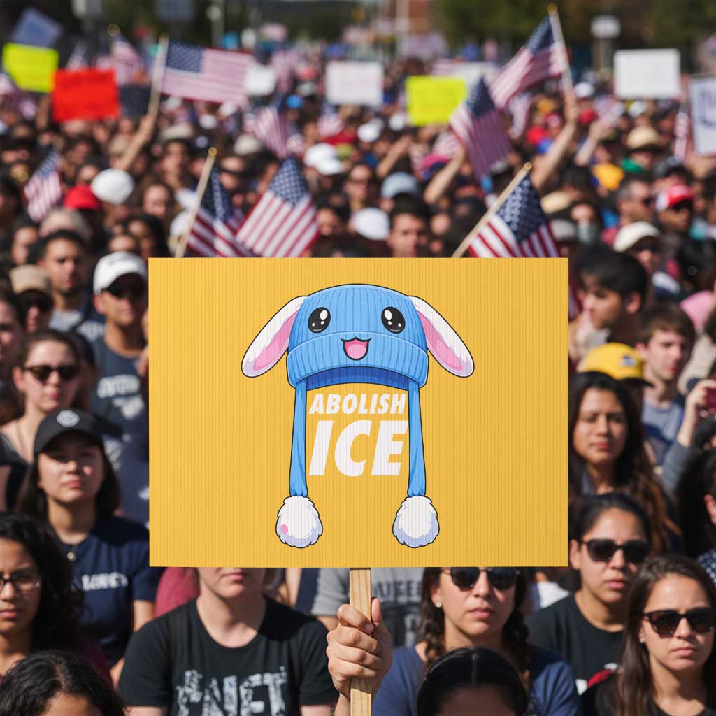 Abolish Ice Protest Sign Blue Bunny Hat Pro Immigrant Resist Minnesota TS11 Horizontal 18