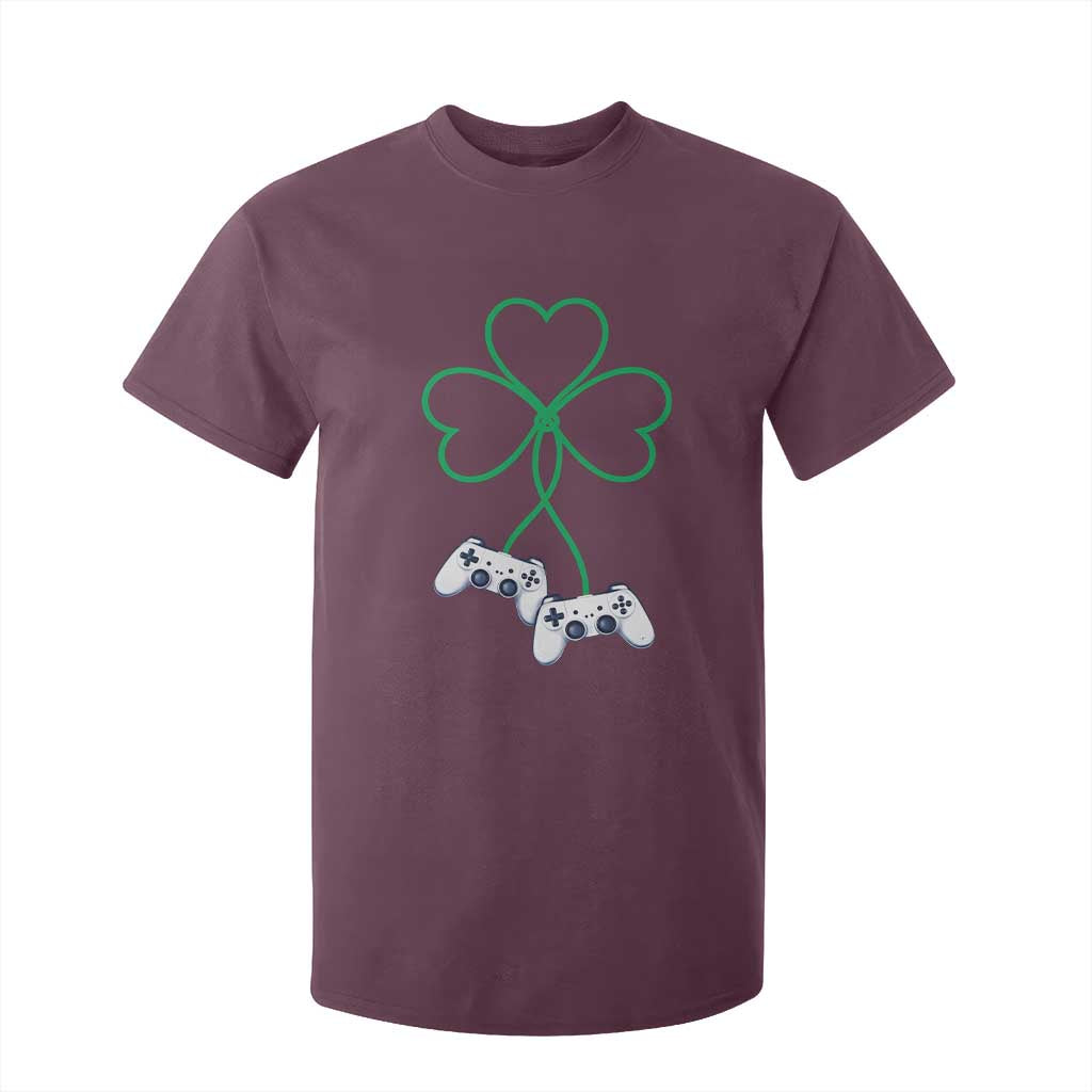 Video Game Lover St Patricks Day with Shamrock Controllers T Shirt For Kid TS11 Maroon Print Your Wear