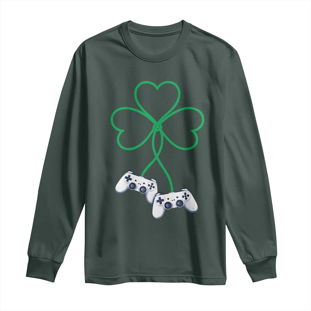 Video Game Lover St Patricks Day with Shamrock Controllers Long Sleeve Shirt TS11 Dark Forest Green Print Your Wear