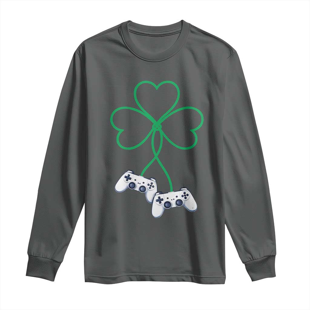 Video Game Lover St Patricks Day with Shamrock Controllers Long Sleeve Shirt TS11 Dark Heather Print Your Wear
