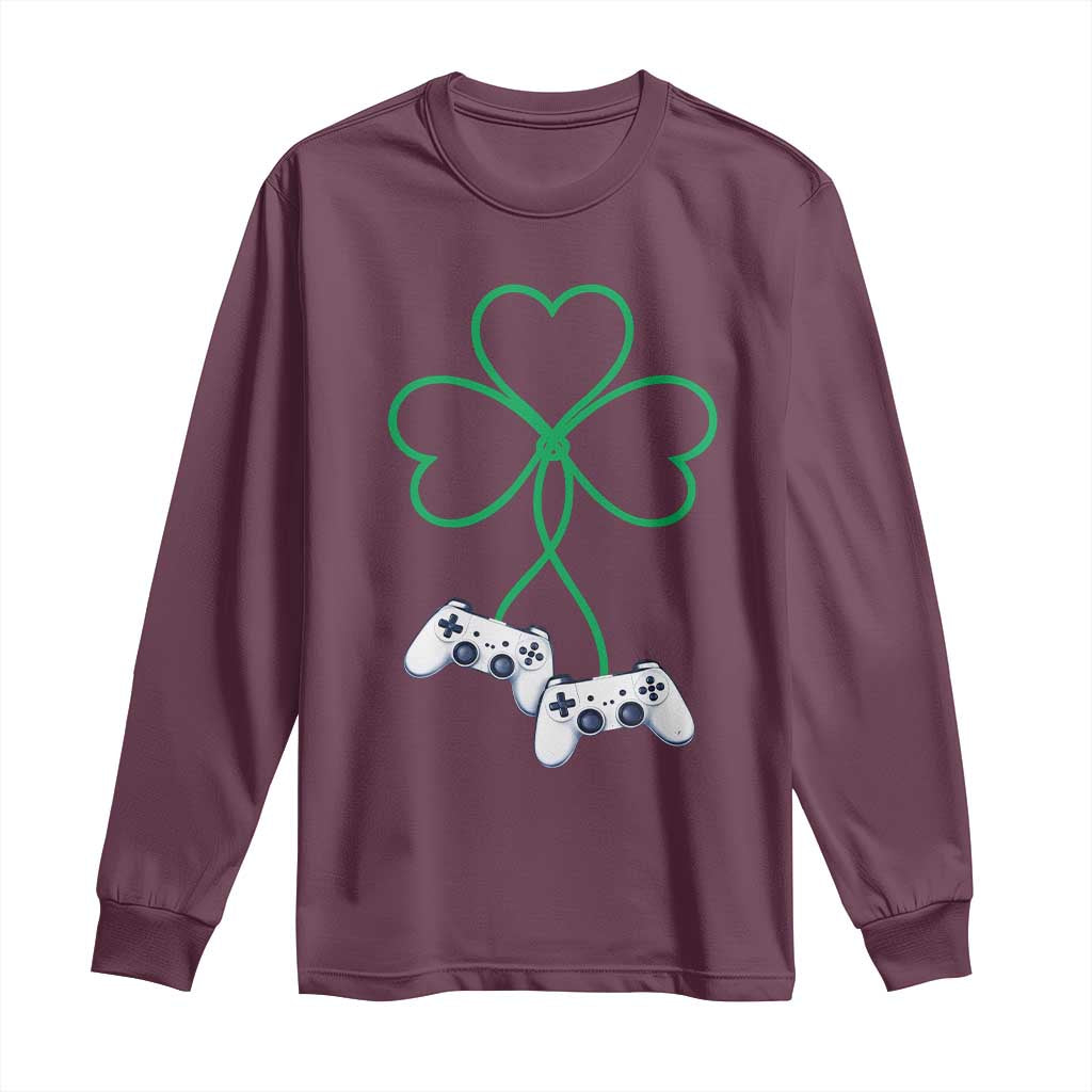 Video Game Lover St Patricks Day with Shamrock Controllers Long Sleeve Shirt TS11 Maroon Print Your Wear