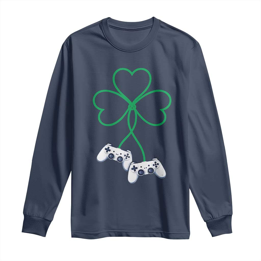 Video Game Lover St Patricks Day with Shamrock Controllers Long Sleeve Shirt TS11 Navy Print Your Wear