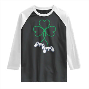 Video Game Lover St Patricks Day with Shamrock Controllers Raglan Shirt TS11 Black White Print Your Wear