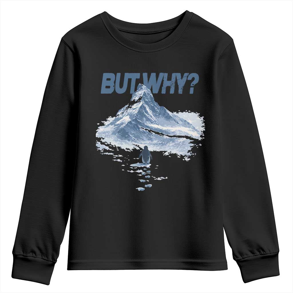 Penguin But Why Youth Sweatshirt Funny Penguin Snowy Mountain Meme TS11 Black Print Your Wear