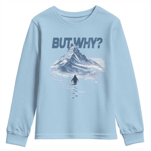 Penguin But Why Youth Sweatshirt Funny Penguin Snowy Mountain Meme TS11 Light Blue Print Your Wear