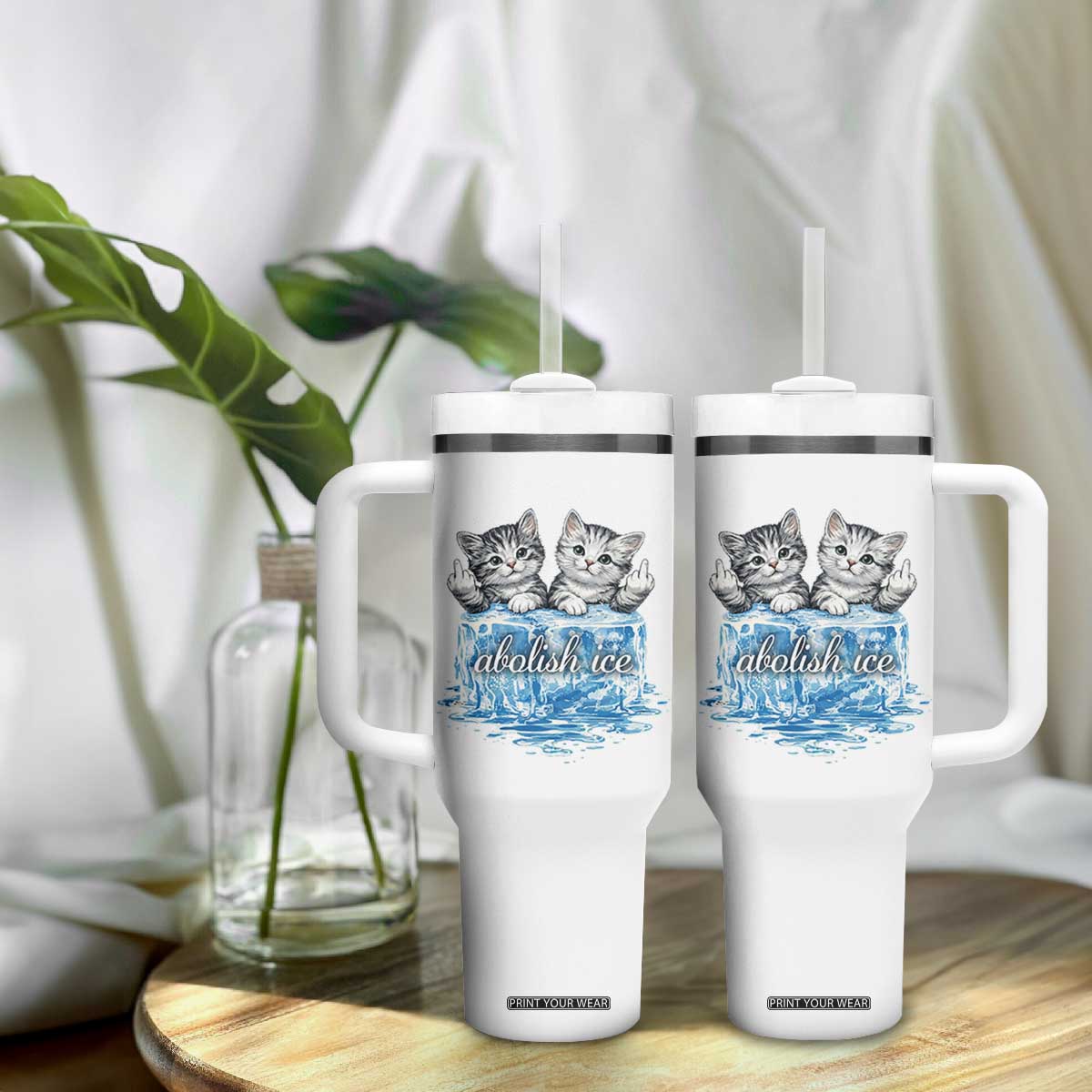 Abolish Ice Tumbler With Handle Cute Cat Melting Ice Pro Immigrant TS11 Print Your Wear