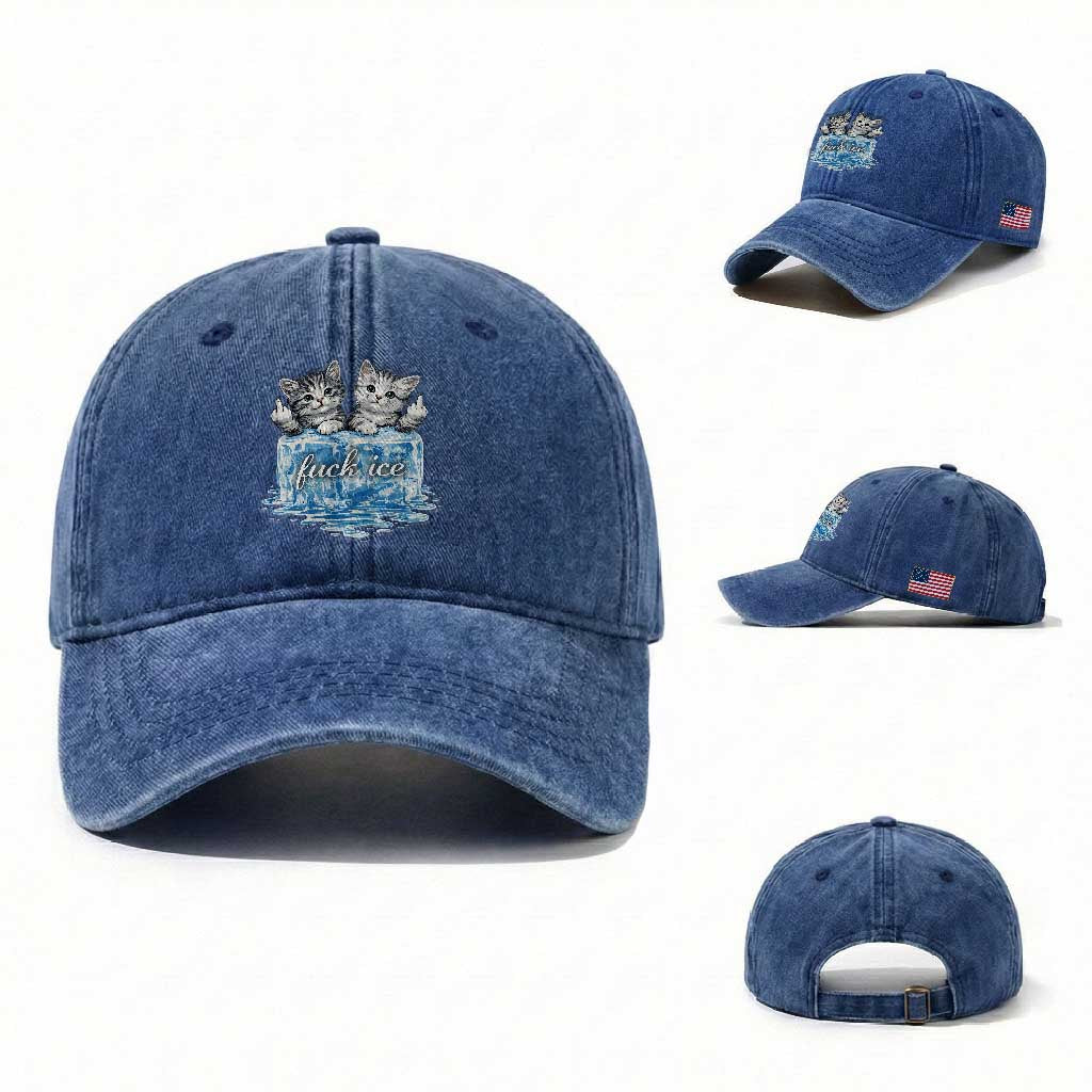 Fck Ice Washed Cotton Baseball Cap Cute Cat Melting Ice Pro Immigrant TS11 Washed Cap Universal Fit Royal Blue Print Your Wear