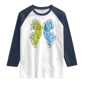 Down Syndrome Awareness Coquette Bow Ribbon Raglan Shirt TS11 White Navy Print Your Wear