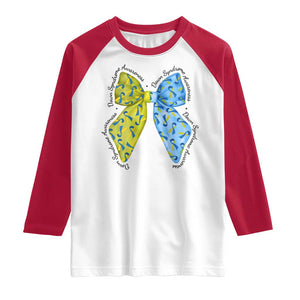 Down Syndrome Awareness Coquette Bow Ribbon Raglan Shirt TS11 White Red Print Your Wear