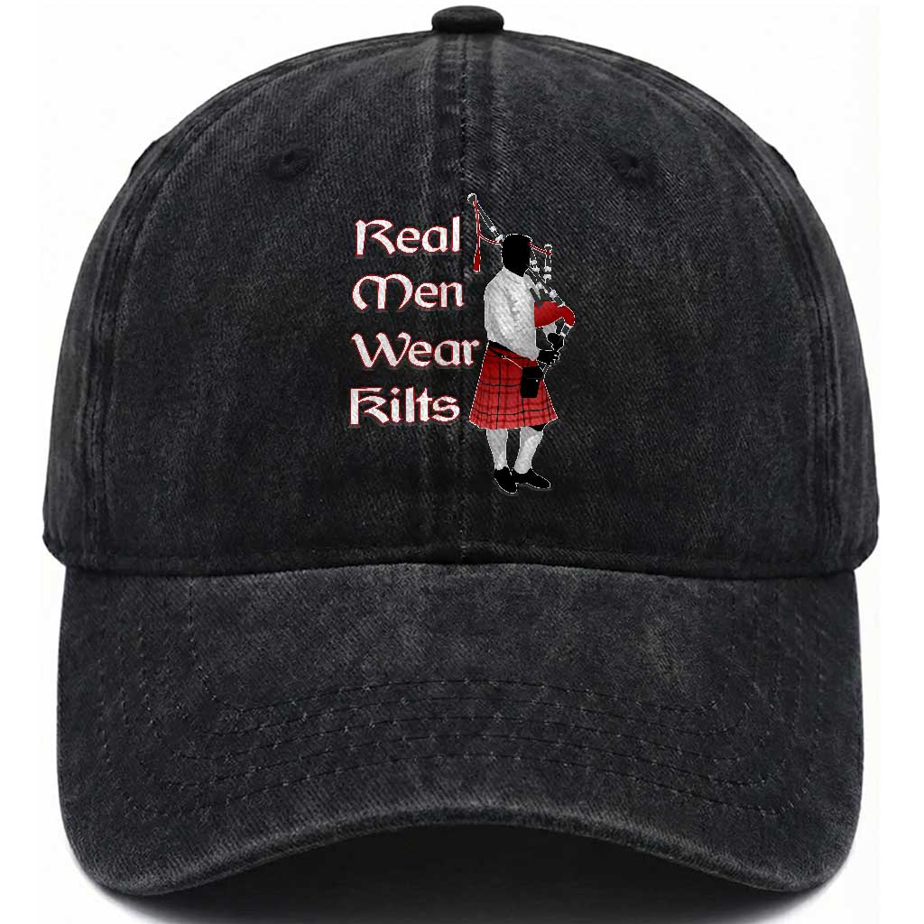 Funny Scottish Pride Washed Cotton Baseball Cap Real Men Wear Kits Tartan Bagpipe TS11 Print Your Wear