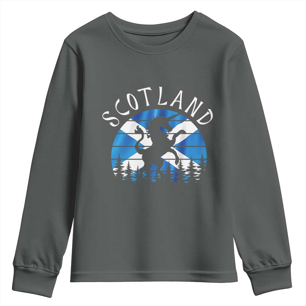 Funny Scotland Unicorn Scottish Flag Saltire Youth Sweatshirt TS11 Dark Heather Print Your Wear