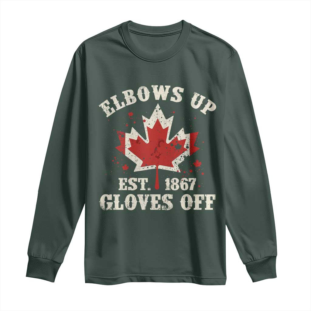 Elbows Up Canada EST 1867 Long Sleeve Shirt Proud Canadian Maple Leaf TS11 Dark Forest Green Print Your Wear