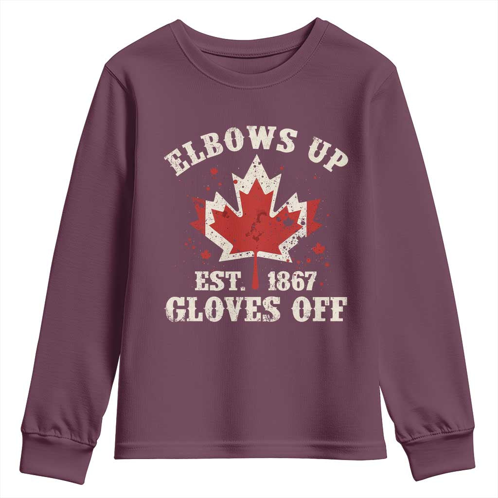 Elbows Up Canada EST 1867 Youth Sweatshirt Proud Canadian Maple Leaf TS11 Maroon Print Your Wear