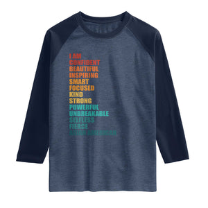 I Am Confident Beautiful Inspiring Asian American Raglan Shirt AAPI Heritage Month TS11 Heather Denim Navy Print Your Wear