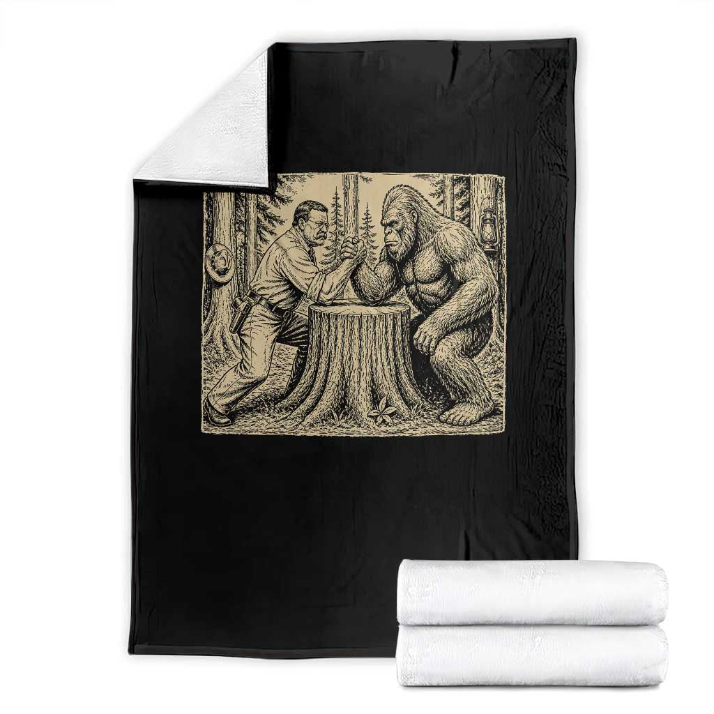 Theodore Roosevelt and Bigfoot Arm Wrestling Retro Throw Blanket TS11 Black Print Your Wear